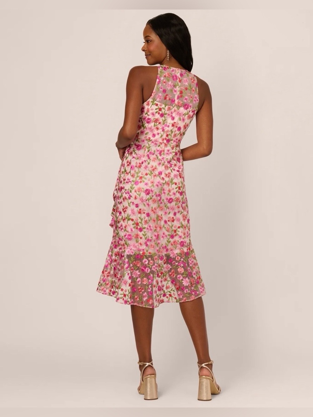 NWT Adrianna Papell Floral Embroidered Flounce Halter Pink Multi Dress Size 10 - Picture 7 of 16